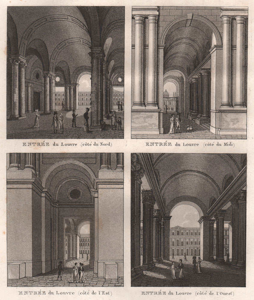 ENTRÉES DU LOUVRE. Côtés Nord Midi Est Ouest. Aquatint 1808 old antique print